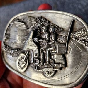 Vintage Motorcycle belt buckle, by Bergamot Brass Works 1984. About 2 1/2 inches